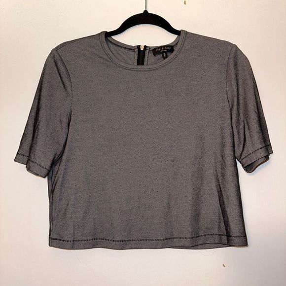 Rag & Bone Womens Crop Top Striped Short Sleeve Shirt Zip Black Gray Size 10 - Picture 1 of 7